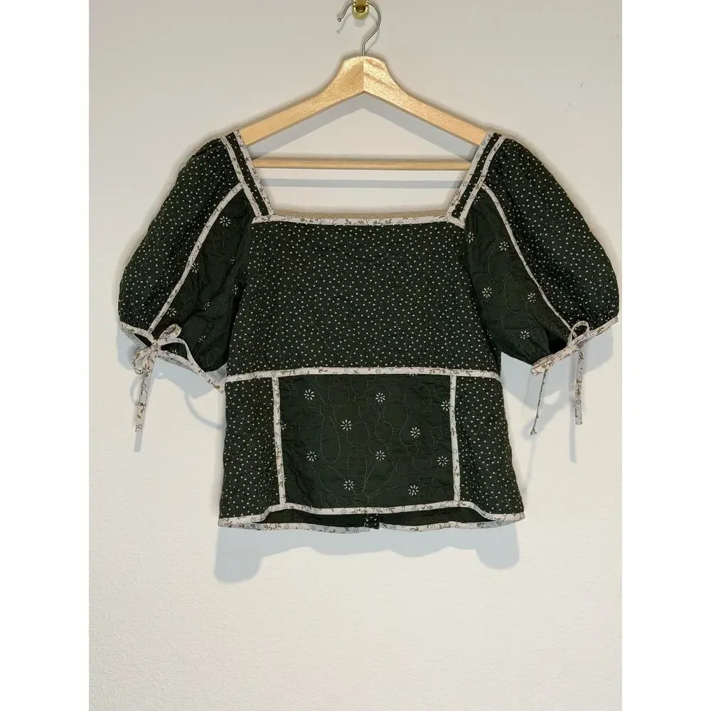 Madewell Patchwork Puff-Sleeve Top in Dark Forest Quilted Crop Sz 6